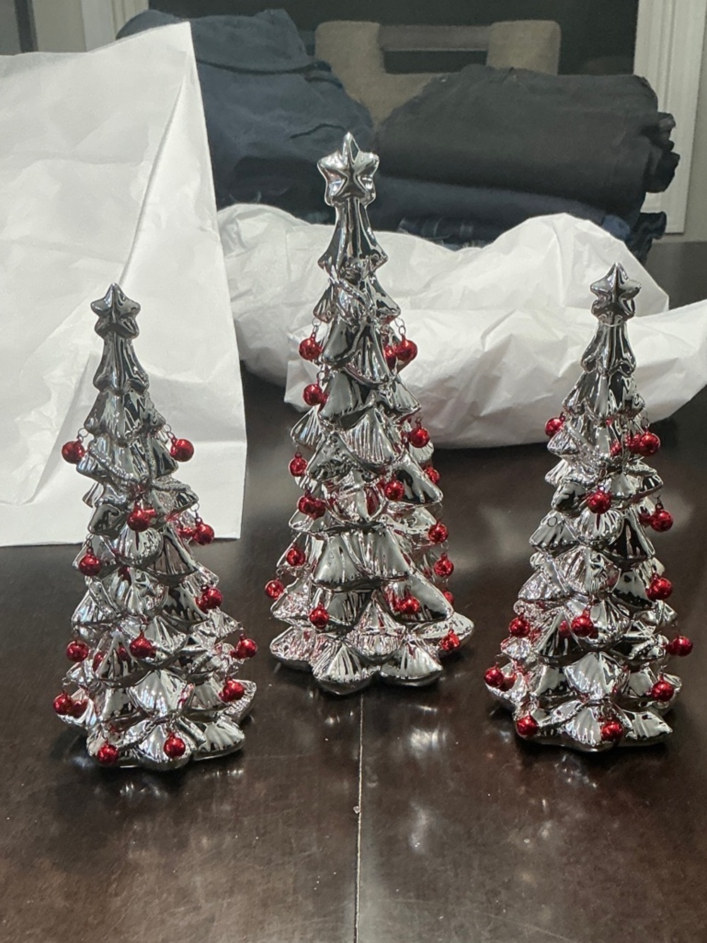 Glossy Silver Ceramic Christmas Tree Trio with Red Ornament Accents